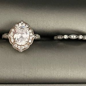 Vintage Art Deco Halo Milgrain Oval Cut 925 Wedding Set Size 5